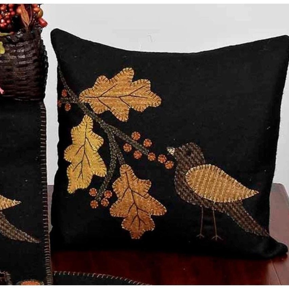 Primitive Black & Mustard Bird Good Harvest Pillow Wool Felt 14 inches Raghu NEW
